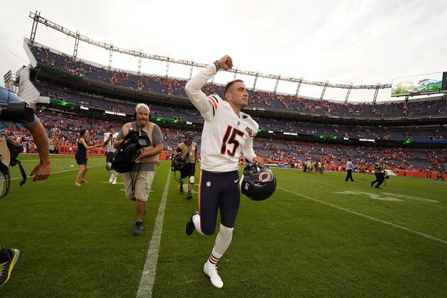 Chicago Bears kicker Eddy Pineiro (15) leaves the field after an NFL football game against the Denver Broncos. Sunday, Sept. 15, 2019, in Denver. The Bears won 16-14, (AP Photo/Jack Dempsey)