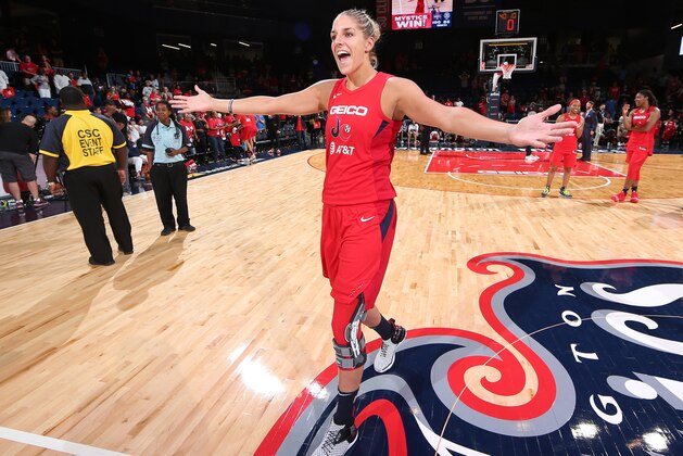 WASHINGTON, DC - SEPTEMBER 8: Elena Delle Donne #11 of the Washington Mystics celebrates after the game against the Chicago Sky on September 8, 2019 at the St Elizabeths East Entertainment & Sports Arena in Washington, DC. NOTE TO USER: User expressly acknowledges and agrees that, by downloading and/or using this photograph, user is consenting to the terms and conditions of the Getty Images License Agreement. Mandatory Copyright Notice: Copyright 2019 NBAE (Photo by Ned Dishman/NBAE via Getty Images)