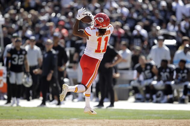 Kansas City Chiefs wide receiver Demarcus Robinson during the first half of an NFL football game against the Oakland Raiders Sunday, Sept. 15, 2019, in Oakland, Calif. (AP Photo/Ben Margot)