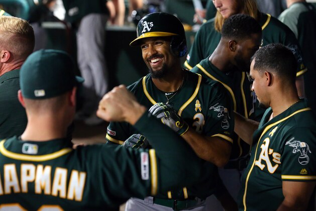ARLINGTON, TEXAS - SEPTEMBER 13: Marcus Semien #10 of the Oakland Athletics smile sin the dugout after a two-run home run in the ninth inning against the Texas Rangers at Globe Life Park in Arlington on September 13, 2019 in Arlington, Texas. (Photo by Richard Rodriguez/Getty Images)