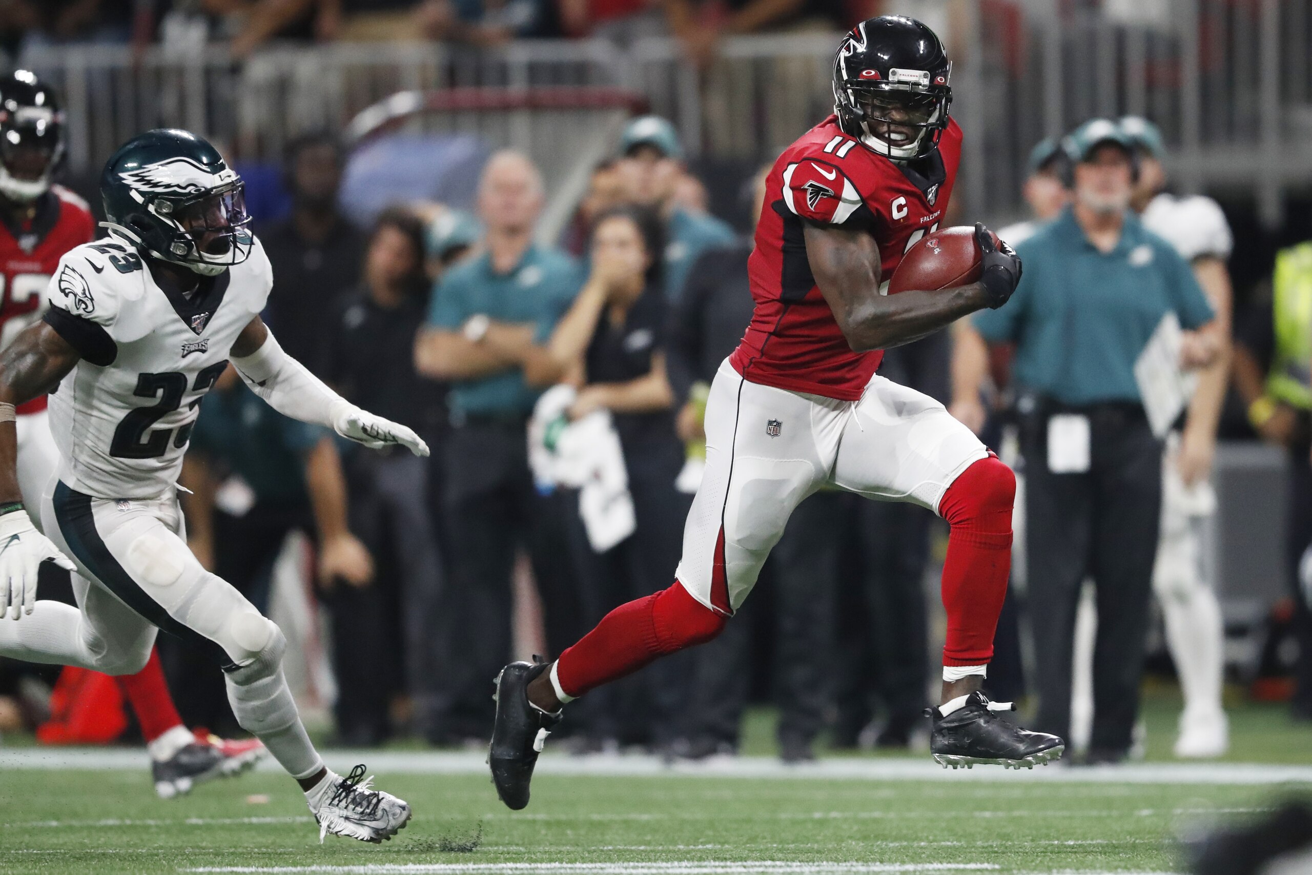 Atlanta Falcons wide receiver Julio Jones (11) runs toward the end zone for a touchdown against Philadelphia Eagles free safety Rodney McLeod (23) during the second half of an NFL football game, Sunday, Sept. 15, 2019, in Atlanta. (AP Photo/John Bazemore) Atlanta Falcons wide receiver Julio Jones (11) runs toward the end zone for a touchdown against Philadelphia Eagles free safety Rodney McLeod (23) during the second half of an NFL football game, Sunday, Sept. 15, 2019, in Atlanta. (AP Photo/John Bazemore)