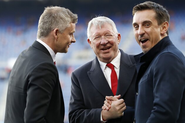 (L-R) coach Ole Gunnar Solskjaer of Manchester United, Sir Alex Ferguson, Gary Neville, during the UEFA Champions League quarter final match between FC Barcelona and Manchester United FC at Camp Nou on April 16, 2019 in Barcelona, Spain(Photo by VI Images via Getty Images) (L-R) coach Ole Gunnar Solskjaer of Manchester United, Sir Alex Ferguson, Gary Neville, during the UEFA Champions League quarter final match between FC Barcelona and Manchester United FC at Camp Nou on April 16, 2019 in Barcelona, Spain(Photo by VI Images via Getty Images)