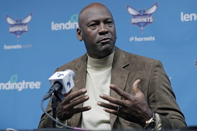 Charlotte Hornets owner Michael Jordan speaks to the media about hosting the NBA All-Star basketball game during a news conference in Charlotte, N.C., Tuesday, Feb. 12, 2019. (AP Photo/Chuck Burton)