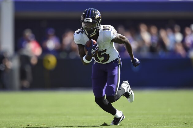 Baltimore Ravens wide receiver Marquise Brown rushes the ball in the first half of an NFL football game against the Arizona Cardinals, Sunday, Sept. 15, 2019, in Baltimore. (AP Photo/Gail Burton)
