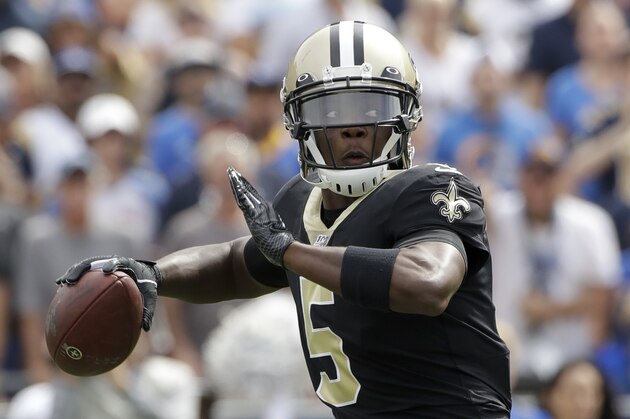 New Orleans Saints quarterback Teddy Bridgewater passes against the Los Angeles Rams during the first half of an NFL football game Sunday, Sept. 15, 2019, in Los Angeles. (AP Photo/Marcio Jose Sanchez)