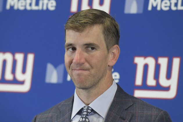 New York Giants quarterback Eli Manning talks to reporters after an NFL football game against the Buffalo Bills, Sunday, Sept. 15, 2019, in East Rutherford, N.J. The Bills defeated the Giants 28-14. (AP Photo/Bill Kostroun)