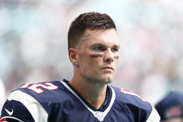 New England Patriots quarterback Tom Brady (12) watches from the sidelines, during the second half at an NFL football game against the Miami Dolphins, Sunday, Sept. 15, 2019, in Miami Gardens, Fla. (AP Photo/Brynn Anderson)
