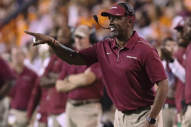 Florida State coach Willie Taggart reacts to a call during the second half of an ACC college football game against Virginia in Charlottesville, Va., Saturday, Sept. 14, 2019. (AP Photo/Andrew Shurtleff)