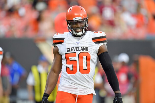 CLEVELAND, OHIO - AUGUST 08: Defensive end Chris Smith #50 of the Cleveland Browns during the first half of a preseason game against the Washington Redskins at FirstEnergy Stadium on August 08, 2019 in Cleveland, Ohio. (Photo by Jason Miller/Getty Images)
