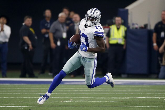 Dallas Cowboys wide receiver Michael Gallup (13) gains yardage after a catch during a NFL football game against the New York Giants in Arlington, Texas, Sunday, Sept. 8, 2019. (AP Photo/Ron Jenkins)