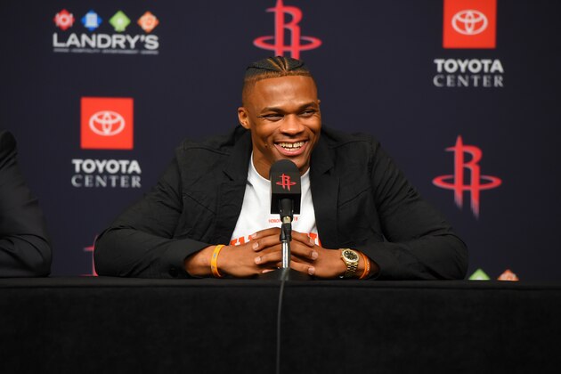 HOUSTON, TX - JULY 26: General Manager Daryl Morey, and Russell Westbrook #0 of the Houston Rockets smiles during the Houston Rockets Introductory Press Conference on July 26, 2019 at the Toyota Center in Houston, Texas. NOTE TO USER: User expressly acknowledges and agrees that, by downloading and or using this photograph, User is consenting to the terms and conditions of the Getty Images License Agreement. Mandatory Copyright Notice: Copyright 2019 NBAE (Photo by Bill Baptist/NBAE via Getty Images)