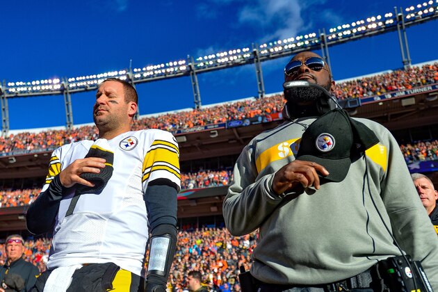 DENVER, CO - NOVEMBER 25:  Quarterback Ben Roethlisberger #7 and head coach Mike Tomlin of the Pittsburgh Steelers stand during the national anthem before a game against the Denver Broncos at Broncos Stadium at Mile High on November 25, 2018 in Denver, Colorado. (Photo by Dustin Bradford/Getty Images)