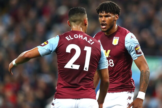BIRMINGHAM, ENGLAND - SEPTEMBER 16: Anwar El Ghazi and Tyrone Mings of Aston Villa United argue during the Premier League match between Aston Villa and West Ham United at Villa Park on September 16, 2019 in Birmingham, United Kingdom. (Photo by Chloe Knott - Danehouse/Getty Images)