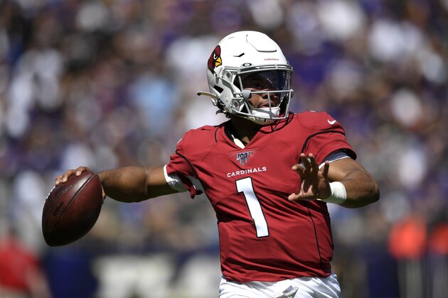 Arizona Cardinals quarterback Kyler Murray throws to a receiver in the first half of an NFL football game against the Baltimore Ravens, Sunday, Sept. 15, 2019, in Baltimore. (AP Photo/Nick Wass)