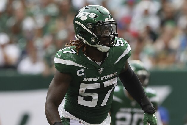 New York Jets inside linebacker C.J. Mosley (57) in action during an NFL football game against the Buffalo Bills, Sunday, Sept. 8, 2019, in East Rutherford, N.J. The Buffalo Bills won 17-16. (AP Photo/Steve Luciano)