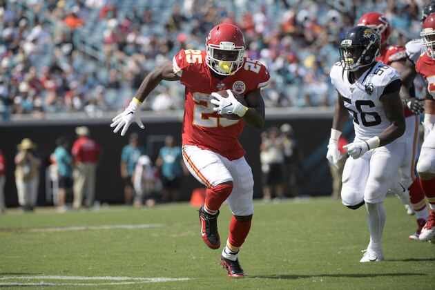 Kansas City Chiefs running back LeSean McCoy (25) rushes for yardage during the second half of an NFL football game against the Jacksonville Jaguars Sunday, Sept. 8, 2019, in Jacksonville, Fla. (AP Photo/Phelan M. Ebenhack)