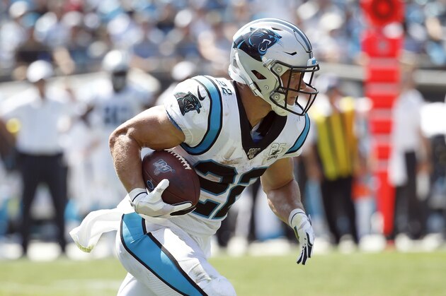 Carolina Panthers running back Christian McCaffrey (22) runs against the Los Angeles Rams during the first half of an NFL football game in Charlotte, N.C., Sunday, Sept. 8, 2019. (AP Photo/Brian Blanco)
