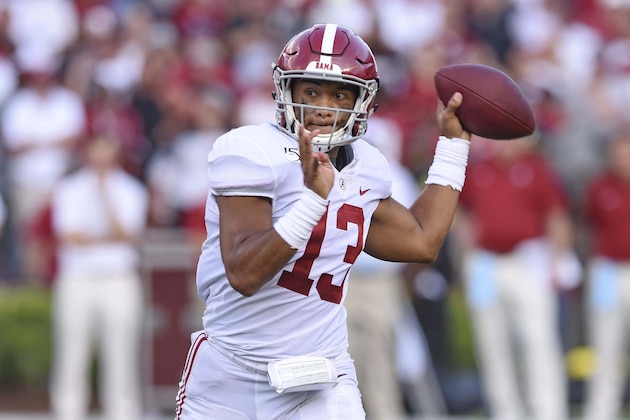 Alabama quarterback Tua Tagovailoa drops back to pass during the second half of an NCAA college football game against South Carolina Saturday, Sept. 14, 2019, in Columbia, S.C. (AP Photo/Richard Shiro)