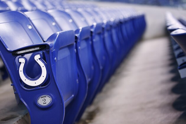 INDIANAPOLIS, IN - FEBRUARY 23: General view of the Indianapolis Colts logo at the end of a row of empty stadium seats during the 2015 NFL Scouting Combine at Lucas Oil Stadium on February 23, 2015 in Indianapolis, Indiana. (Photo by Joe Robbins/Getty Images)