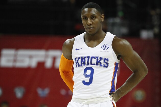 New York Knicks' RJ Barrett plays against the Los Angeles Lakers during an NBA summer league basketball game Wednesday, July 10, 2019, in Las Vegas. (AP Photo/John Locher)
