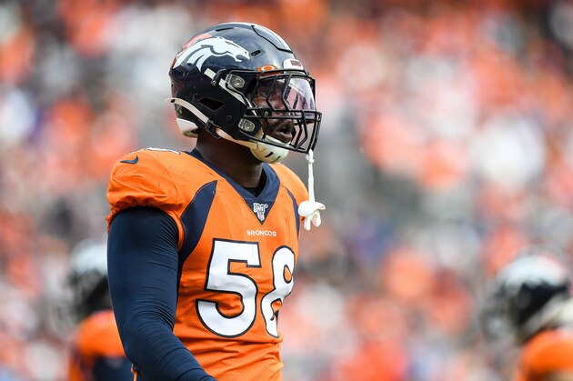 DENVER, CO - SEPTEMBER 15:  Von Miller #58 of the Denver Broncos walks off the field after a series against the Chicago Bears in the second quarter of a game at Empower Field at Mile High on September 15, 2019 in Denver, Colorado. (Photo by Dustin Bradford/Getty Images)