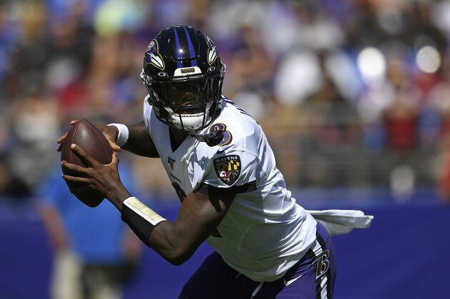 Baltimore Ravens quarterback Lamar Jackson looks for a receiver in the first half of an NFL football game against the Arizona Cardinals, Sunday, Sept. 15, 2019, in Baltimore. (AP Photo/Nick Wass) Baltimore Ravens quarterback Lamar Jackson looks for a receiver in the first half of an NFL football game against the Arizona Cardinals, Sunday, Sept. 15, 2019, in Baltimore. (AP Photo/Nick Wass)
