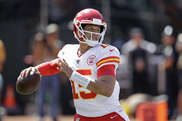 Kansas City Chiefs quarterback Patrick Mahomes during the first half of an NFL football game against the Oakland Raiders Sunday, Sept. 15, 2019, in Oakland, Calif. (AP Photo/Ben Margot)