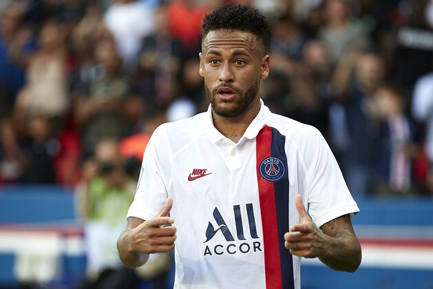 PARIS, FRANCE - SEPTEMBER 14: Neymar Jr of Paris Saint-Germain reacts after scoring his team's first goal during the Ligue 1 match between Paris Saint-Germain and RC Strasbourg at Parc des Princes on September 14, 2019 in Paris, France. (Photo by Quality Sport Images/Getty Images)