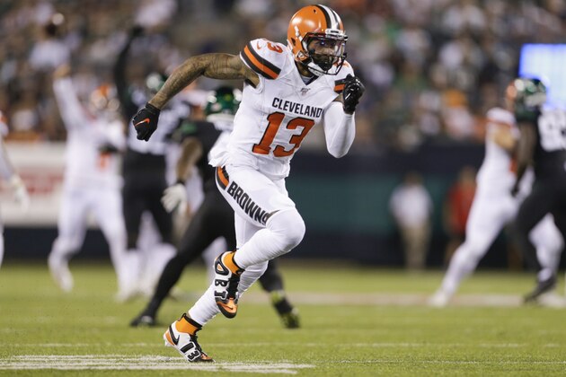 Cleveland Browns wide receiver Odell Beckham (13) runs a pass route during the first half of an NFL football game against the New York Jets, Monday, Sept. 16, 2019, in East Rutherford, N.J. (AP Photo/Adam Hunger)