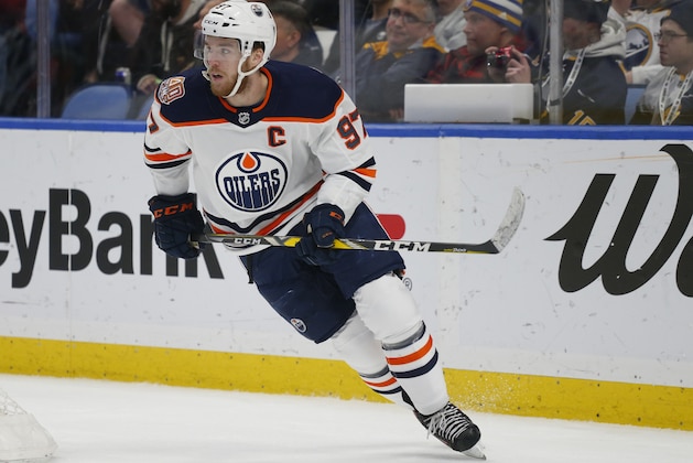 Edmonton Oilers forward Connor McDavid (97) skates during the second period of an NHL hockey game against the Buffalo Sabres, Monday, March. 4, 2019, in Buffalo N.Y. (AP Photo/Jeffrey T. Barnes)