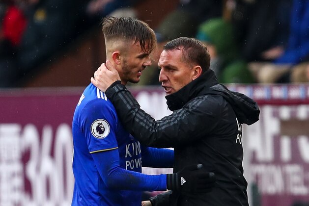 BURNLEY, ENGLAND - MARCH 16: James Maddison of Leicester City and Brendan Rodgers the head coach / manager of Leicester City during the Premier League match between Burnley FC and Leicester City at Turf Moor on March 16, 2019 in Burnley, United Kingdom. (Photo by Robbie Jay Barratt - AMA/Getty Images)