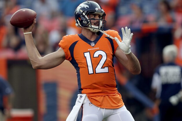 Denver Broncos quarterback Paxton Lynch (12) warms up prior to a preseason NFL football game against the Chicago Bears, Saturday, Aug. 18, 2018, in Denver. (AP Photo/Jack Dempsey)