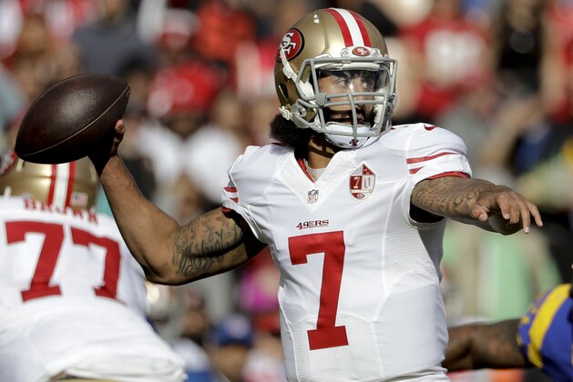 San Francisco 49ers quarterback Colin Kaepernick passes against the Los Angeles Rams during the first half of an NFL football game Saturday, Dec. 24, 2016, in Los Angeles. (AP Photo/Jae C. Hong)