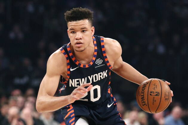 New York Knicks forward Kevin Knox (20) during the first half of an NBA basketball game in New York, Sunday, Feb. 24, 2019. (AP Photo/Kathy Willens) New York Knicks forward Kevin Knox (20) during the first half of an NBA basketball game in New York, Sunday, Feb. 24, 2019. (AP Photo/Kathy Willens)