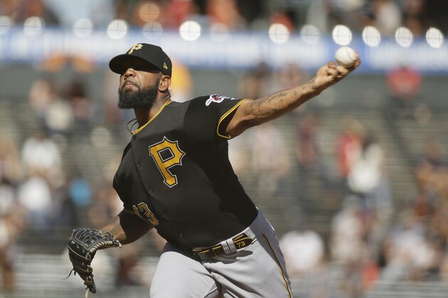 Pittsburgh Pirates relief pitcher Felipe Vazquez works in the ninth inning of a baseball game against the San Francisco Giants Thursday, Sept. 12, 2019, in San Francisco. Pittsburgh won the game 4-2. (AP Photo/Eric Risberg)