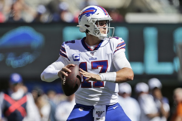 Buffalo Bills quarterback Josh Allen looks to throw during the first half of an NFL football game against the New York Giants, Sunday, Sept. 15, 2019, in East Rutherford, N.J. (AP Photo/Adam Hunger)