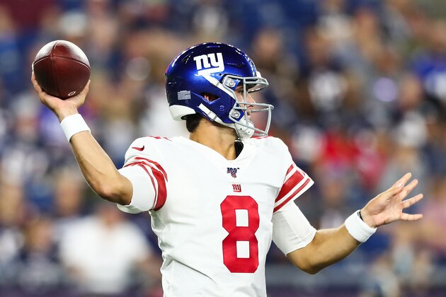 FOXBOROUGH, MA - AUGUST 29:   Daniel Jones #8 of the New York Giants throws the football during a preseason game against the New England Patriots at Gillette Stadium on August 29, 2019 in Foxborough, Massachusetts.  (Photo by Adam Glanzman/Getty Images)