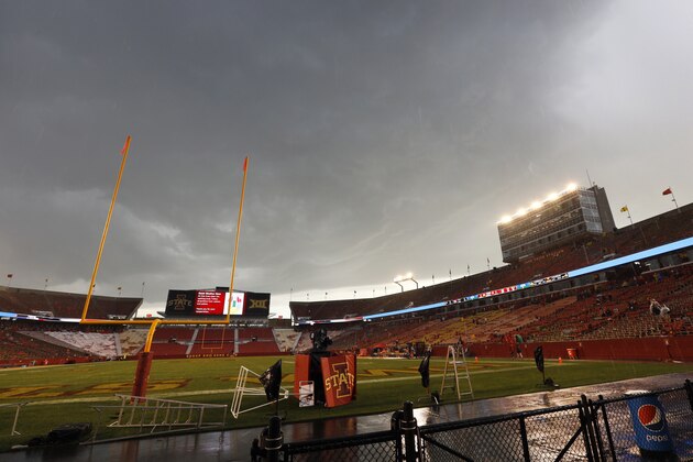 Storm clouds roll in over Jack Trice Stadium during a lightning delay in the first half of an NCAA college football game between Iowa State and Iowa, Saturday, Sept. 14, 2019, in Ames, Iowa. (AP Photo/Charlie Neibergall)