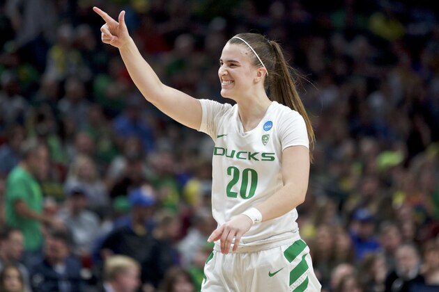 Oregon guard Sabrina Ionescu gestures toward the bench during the second half of the team's regional semifinal against South Dakota State in the NCAA women's college basketball tournament Friday, March 29, 2019, in Portland, Ore. Oregon won 63-53. (AP Photo/Craig Mitchelldyer)