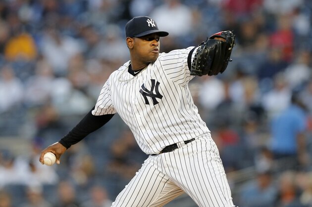 NEW YORK, NEW YORK - SEPTEMBER 17:   Luis Severino #40 of the New York Yankees pitches against the Los Angeles Angels of Anaheim at Yankee Stadium on September 17, 2019 in the Bronx borough of New York City. (Photo by Jim McIsaac/Getty Images)