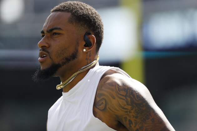 Philadelphia Eagles' DeSean Jackson warms up before an NFL football game against the Washington Redskins, Sunday, Sept. 8, 2019, in Philadelphia. (AP Photo/Michael Perez)