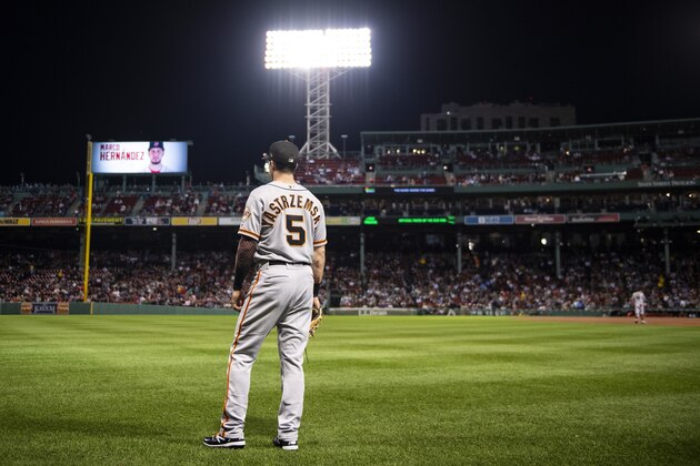 BOSTON, MA - SEPTEMBER 17: Mike Yastrzemski #5 of the San Francisco Giants looks on in left field during the first inning of a game against the Boston Red Sox on September 17, 2019 at Fenway Park in Boston, Massachusetts. (Photo by Billie Weiss/Boston Red Sox/Getty Images)