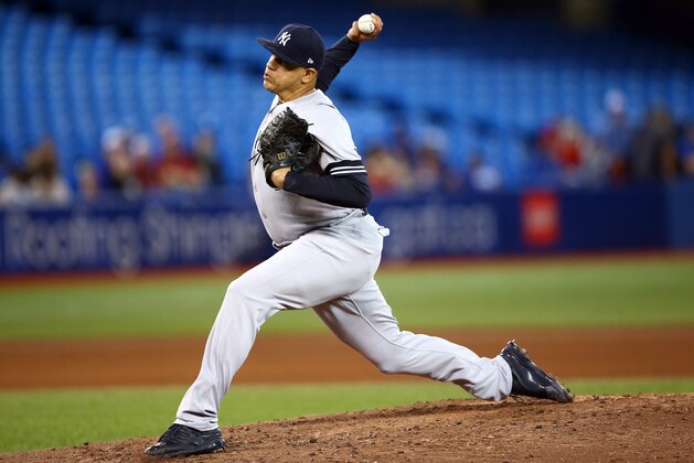 TORONTO, ON - SEPTEMBER 15:  Dellin Betances #68 of the New York Yankees delivers a pitch in the fourth inning during a MLB game against the Toronto Blue Jays at Rogers Centre on September 15, 2019 in Toronto, Canada.  (Photo by Vaughn Ridley/Getty Images)