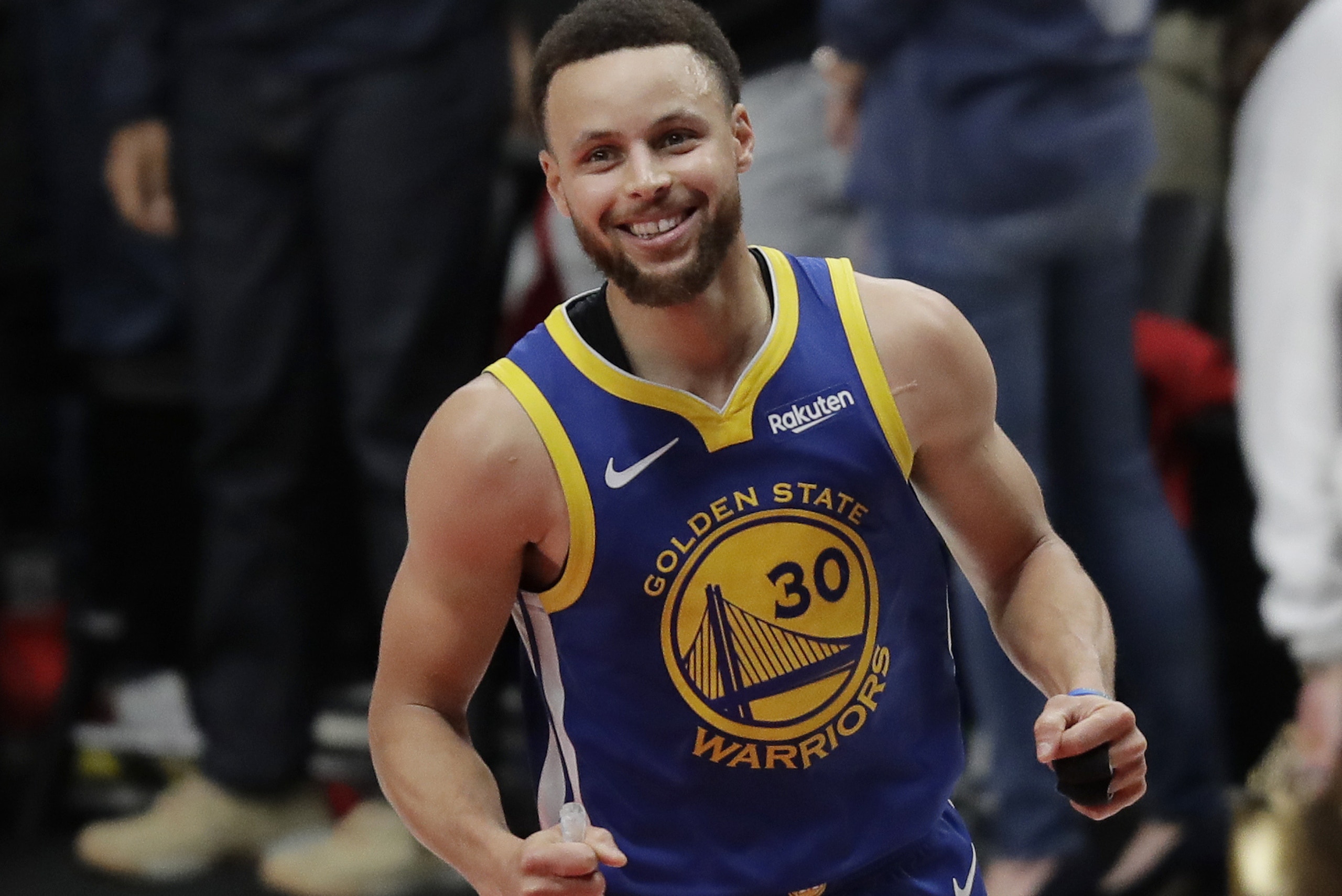 Golden State Warriors guard Stephen Curry reacts at the end of Game 4 of the NBA basketball playoffs Western Conference finals against the Portland Trail Blazers, Monday, May 20, 2019, in Portland, Ore. The Warriors won 119-117 in overtime. (AP Photo/Ted S. Warren) Golden State Warriors guard Stephen Curry reacts at the end of Game 4 of the NBA basketball playoffs Western Conference finals against the Portland Trail Blazers, Monday, May 20, 2019, in Portland, Ore. The Warriors won 119-117 in overtime. (AP Photo/Ted S. Warren)