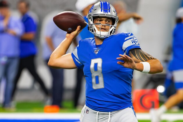 DETROIT, MI - AUGUST 23: Quarterback David Fales #8 of the Detroit Lions warms up before an NFL Pre-season game against the Buffalo Bills at Ford Field on August 23, 2019 in Detroit, Michigan. Buffalo defeated Detroit 24-20. (Photo by Dave Reginek/Getty Images)