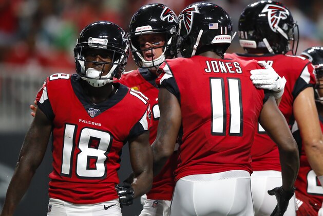 ATLANTA, GA - SEPTEMBER 15: Matt Ryan #2 of the Atlanta Falcons celebrates a touchdown of Calvin Ridley #18 with Julio Jones #11 in the first half of an NFL game against the Philadelphia Eagles at Mercedes-Benz Stadium on September 15, 2019 in Atlanta, Georgia. (Photo by Todd Kirkland/Getty Images) ATLANTA, GA - SEPTEMBER 15: Matt Ryan #2 of the Atlanta Falcons celebrates a touchdown of Calvin Ridley #18 with Julio Jones #11 in the first half of an NFL game against the Philadelphia Eagles at Mercedes-Benz Stadium on September 15, 2019 in Atlanta, Georgia. (Photo by Todd Kirkland/Getty Images)