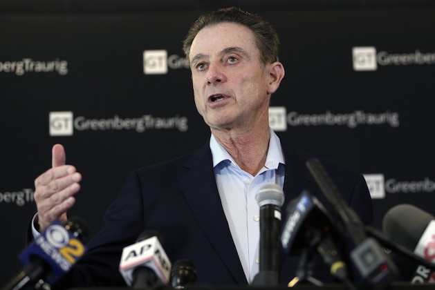 FILE - In this Feb. 21, 2018 file photo, former Louisville basketball coach Rick Pitino appears during a news conference in New York.  Diversion Books announced Monday, July 30 that Pitino has a memoir coming in September 4.