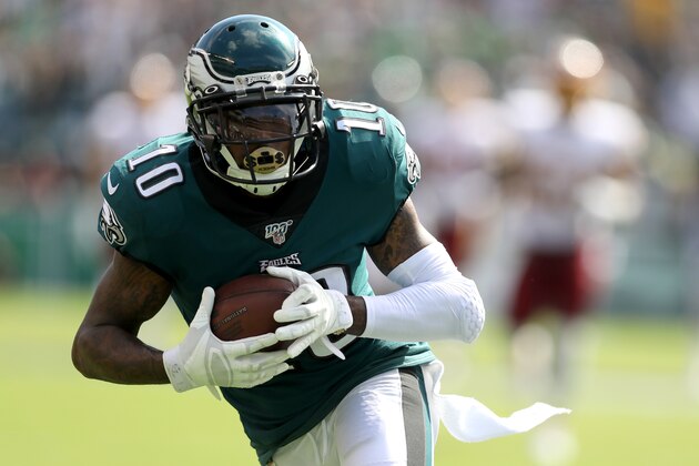 PHILADELPHIA, PENNSYLVANIA - SEPTEMBER 08: DeSean Jackson #10 of the Philadelphia Eagles catches a third quarter touchdown pass against the Washington Redskins at Lincoln Financial Field on September 08, 2019 in Philadelphia, Pennsylvania. (Photo by Rob Carr/Getty Images) PHILADELPHIA, PENNSYLVANIA - SEPTEMBER 08: DeSean Jackson #10 of the Philadelphia Eagles catches a third quarter touchdown pass against the Washington Redskins at Lincoln Financial Field on September 08, 2019 in Philadelphia, Pennsylvania. (Photo by Rob Carr/Getty Images)