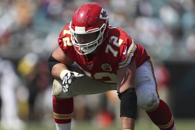 Kansas City Chiefs offensive tackle Eric Fisher (72) in a three-point stance on the line of scrimmage during an NFL football game against the Jacksonville Jaguars, Sunday, Sept. 8, 2019, in Jacksonville, Fla. The Chiefs defeated the Jaguars 40-26. (AP Photo/Perry Knotts)