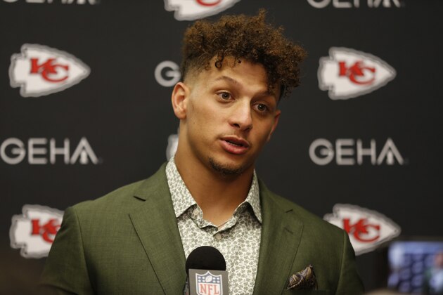 Kansas City Chiefs quarterback Patrick Mahomes answers questions during a news conference at the end of an NFL football game against the Oakland Raiders Sunday, Sept. 15, 2019, in Oakland, Calif. Kansas City won the game 28-10. (AP Photo/D. Ross Cameron)